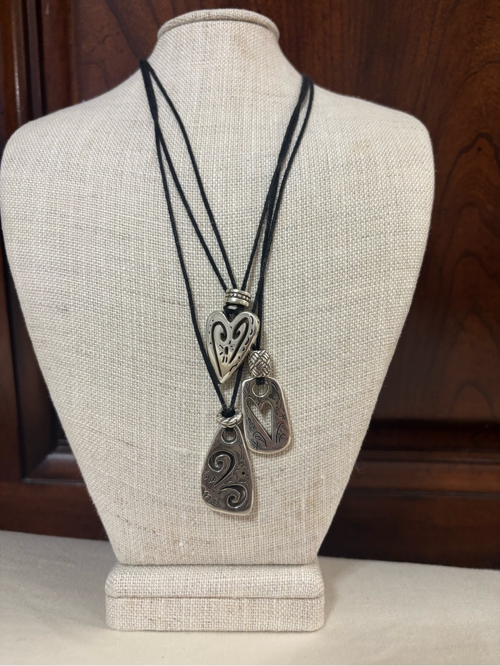 Brighton Silver-Tone Heart & Tag Pendant Necklace Set in Black Cord